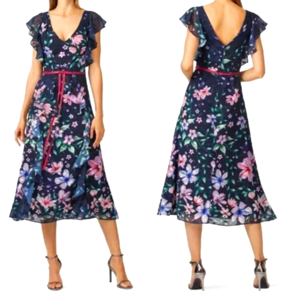 Marchesa Notte Size 14 Blue Embroidered Floral Flutter Sleeve V-Back Midi Gown
